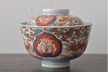 幕末〜明治　伊万里焼　色絵金彩兎図　蓋茶碗3客(和食器)(R-044543)