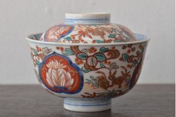 幕末〜明治　伊万里焼　色絵金彩兎図　蓋茶碗3客(和食器)(R-044543)