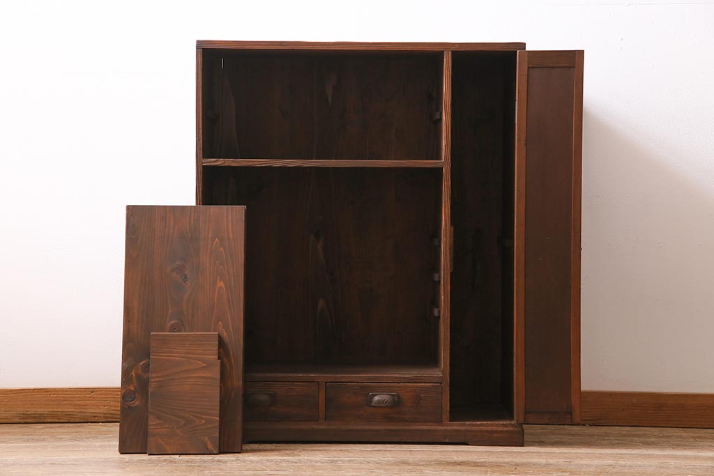 アンティーク家具　和製アンティーク　昭和初期　ヒノキ材　引き出し付き　レトロな雰囲気溢れる下駄箱(収納棚、戸棚)(R-044553)