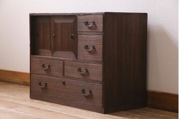 アンティーク家具　和製アンティーク　昭和初期　桐材　味わい深い和の雰囲気漂う小箪笥(小物収納、引き出し、戸棚、収納棚、桐箪笥、桐たんす)(R-044555)