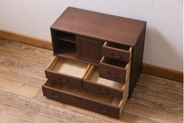 アンティーク家具　和製アンティーク　昭和初期　桐材　味わい深い和の雰囲気漂う小箪笥(小物収納、引き出し、戸棚、収納棚、桐箪笥、桐たんす)(R-044555)