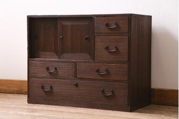 アンティーク家具　和製アンティーク　昭和初期　桐材　味わい深い和の雰囲気漂う小箪笥(小物収納、引き出し、戸棚、収納棚、桐箪笥、桐たんす)(R-044555)