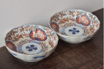 幕末〜明治　伊万里焼　色絵金彩兎図　なます皿2枚(中皿)(R-044567)