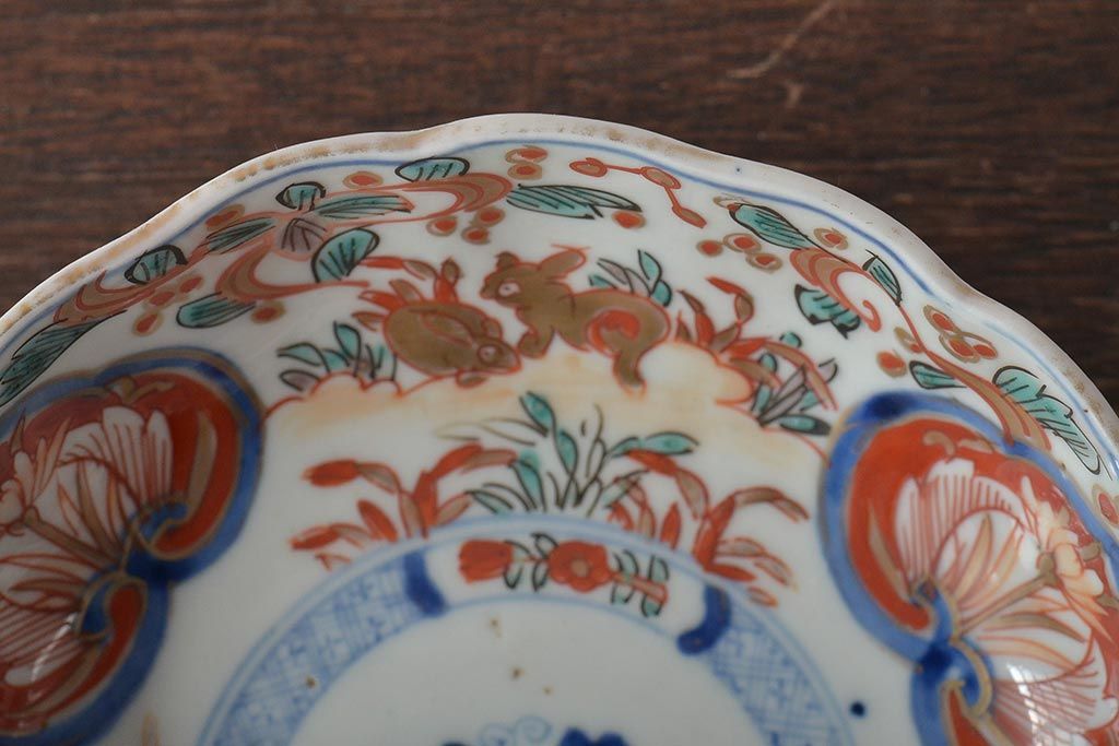 幕末〜明治　伊万里焼　色絵金彩兎図　なます皿2枚(中皿)(R-044567)