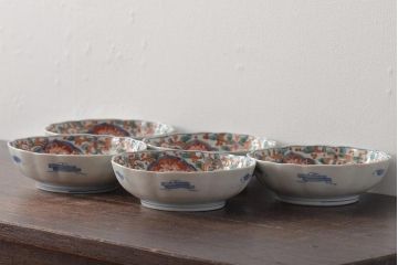 幕末〜明治　伊万里焼　色絵金彩兎図　なます皿5枚(中皿)(R-044569)