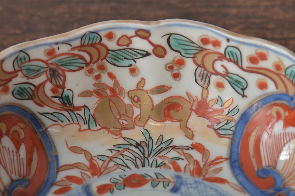 幕末〜明治　伊万里焼　色絵金彩兎図　なます皿5枚(中皿)(R-044569)