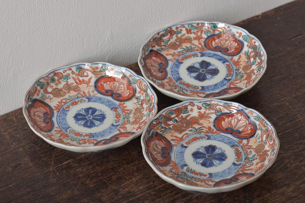 幕末〜明治　伊万里焼　色絵金彩兎図　小皿3枚(和食器)(R-044571)