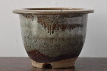 古い丸型植木鉢(中国海鼠白交趾釉?)(R-044573)