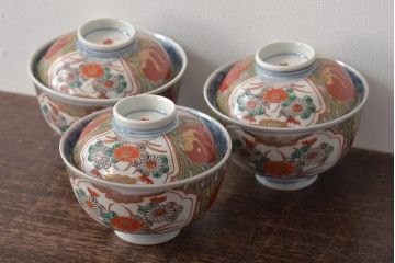 江戸期　古伊万里　色絵染付蓋茶碗3客(和食器)(R-044575)