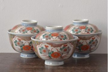 江戸期　古伊万里　色絵染付蓋茶碗3客(和食器)(R-044575)
