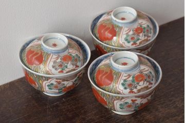 江戸期　古伊万里　色絵染付蓋茶碗3客(和食器)(R-044575)