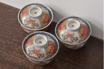 江戸期　古伊万里　色絵染付蓋茶碗3客(和食器)(R-044575)