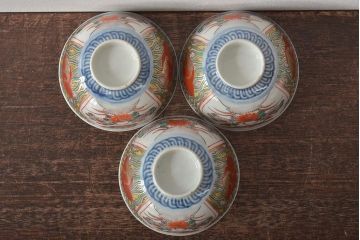江戸期　古伊万里　色絵染付蓋茶碗3客(和食器)(R-044575)
