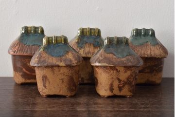 明治〜大正　古い美濃焼蓋物5客(織部向付)(R-044576)