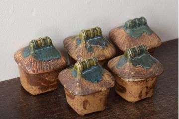 明治〜大正　古い美濃焼蓋物5客(織部向付)(R-044576)