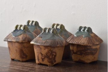 明治〜大正　古い美濃焼蓋物5客(織部向付)(R-044576)