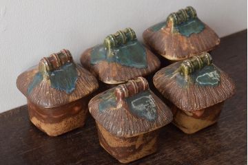 明治〜大正　古い美濃焼蓋物5客(織部向付)(R-044577)