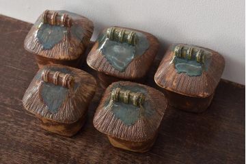 明治〜大正　古い美濃焼蓋物5客(織部向付)(R-044577)