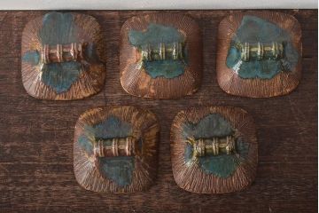 明治〜大正　古い美濃焼蓋物5客(織部向付)(R-044577)