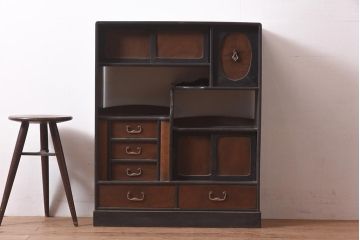 アンティーク家具　和製　大正期　前板ケヤキ・中桐材　和洋折衷のデザインが魅力のおしゃれな茶棚(茶箪笥、収納棚、違い棚、戸棚)(R-044587)