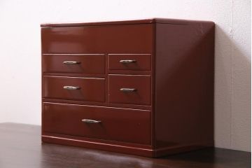 アンティーク家具　和製アンティーク　昭和初期　朱塗り　朱色が独特の存在感漂う裁縫箱(ソーイングボックス、小引き出し、小物収納)(R-044594)