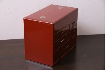 アンティーク家具　和製アンティーク　昭和初期　朱塗り　朱色が独特の存在感漂う裁縫箱(ソーイングボックス、小引き出し、小物収納)(R-044594)