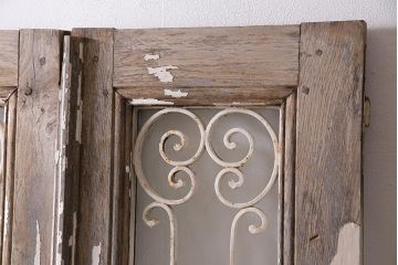 アンティーク建具　フランスアンティーク　オーク材　両開き　鉄格子がおしゃれな親子ドア(木製扉)(R-044598)