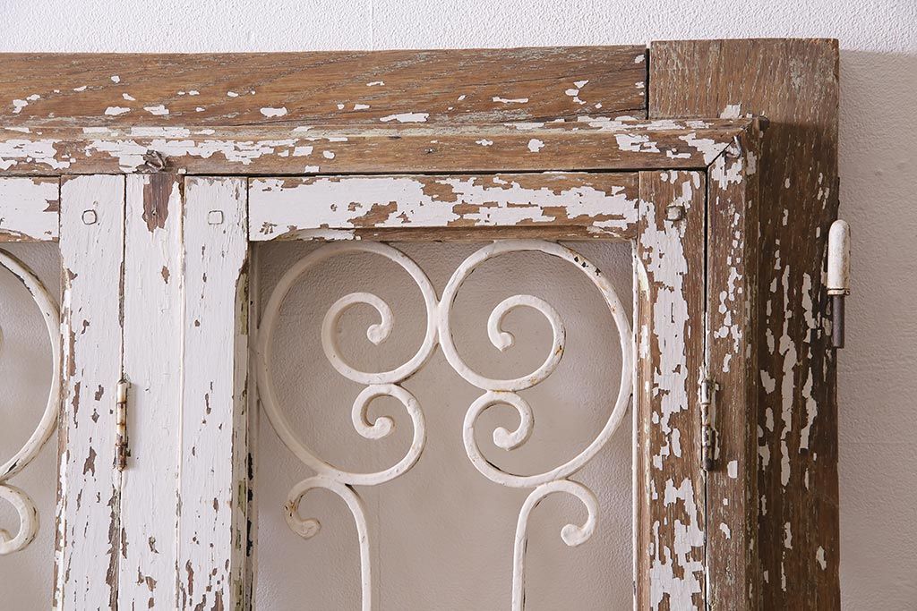 アンティーク建具　フランスアンティーク　オーク材　両開き　鉄格子がおしゃれな親子ドア(木製扉)(R-044598)