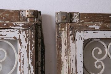 アンティーク建具　フランスアンティーク　オーク材　両開き　鉄格子がおしゃれな親子ドア(木製扉)(R-044598)