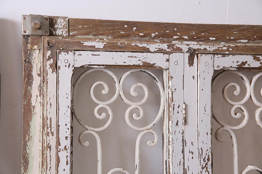 アンティーク建具　フランスアンティーク　オーク材　両開き　鉄格子がおしゃれな親子ドア(木製扉)(R-044598)