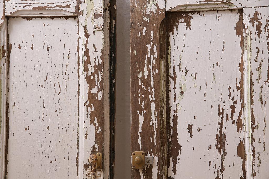 アンティーク建具　フランスアンティーク　オーク材　両開き　鉄格子がおしゃれな親子ドア(木製扉)(R-044598)