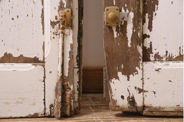 アンティーク建具　フランスアンティーク　オーク材　両開き　鉄格子がおしゃれな親子ドア(木製扉)(R-044598)