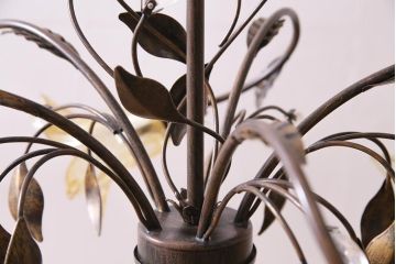 中古　アンティーク調　鉄製　ボタニカルモチーフがお洒落な5灯シャンデリア(天井照明、吊り下げ照明)(R-044600)