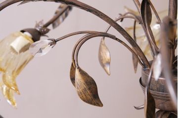 中古　アンティーク調　鉄製　ボタニカルモチーフがお洒落な5灯シャンデリア(天井照明、吊り下げ照明)(R-044600)