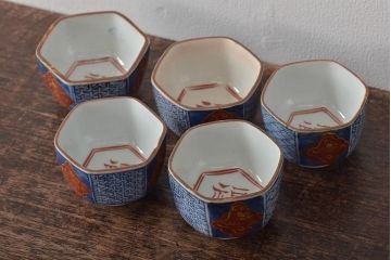江戸明治期　光山銘　呉須赤絵金彩猪口5客セット(ぐい呑み、酒器、和食器)(R-044607)