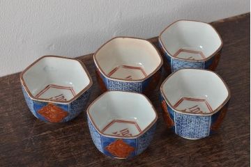 江戸明治期　光山銘　呉須赤絵金彩猪口5客セット(ぐい呑み、酒器、和食器)(R-044607)