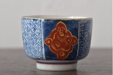 江戸明治期　光山銘　呉須赤絵金彩猪口5客セット(ぐい呑み、酒器、和食器)(R-044607)