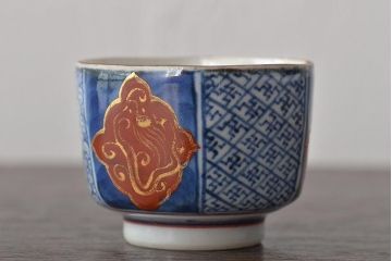 江戸明治期　光山銘　呉須赤絵金彩猪口5客セット(ぐい呑み、酒器、和食器)(R-044607)