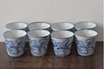 明治大正期　雲鶴文印判蕎麦猪口8個セット(和食器)(R-044609)