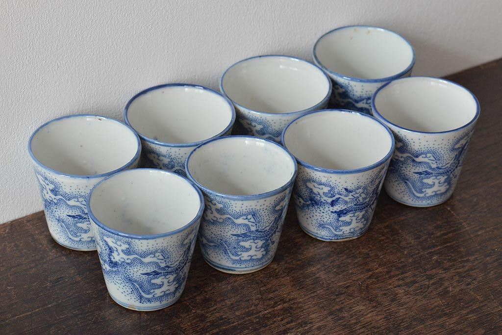 明治大正期　雲鶴文印判蕎麦猪口8個セット(和食器)(R-044609)