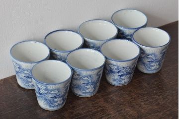 明治大正期　雲鶴文印判蕎麦猪口8個セット(和食器)(R-044609)