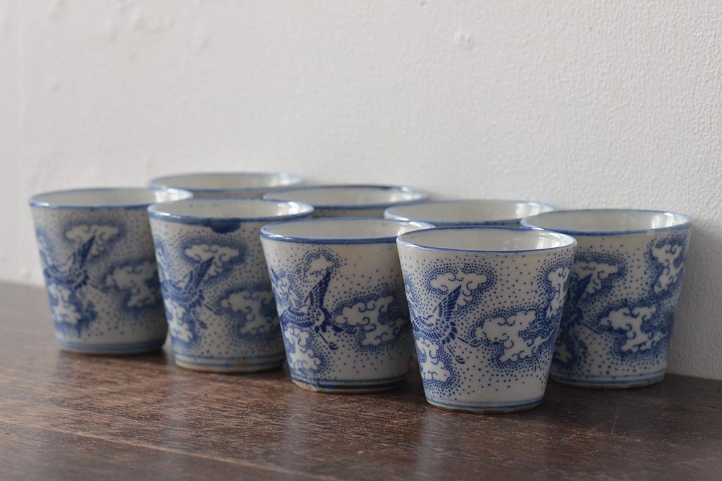 明治大正期　雲鶴文印判蕎麦猪口8個セット(和食器)(R-044609)