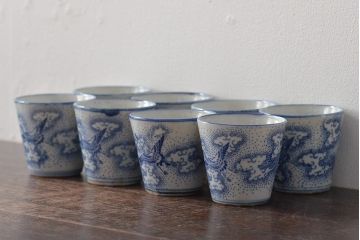 明治大正期　雲鶴文印判蕎麦猪口8個セット(和食器)(R-044609)