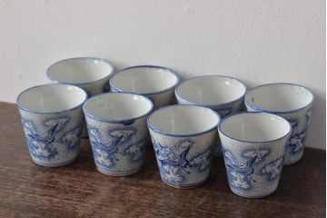 明治大正期　雲鶴文印判蕎麦猪口8個セット(和食器)(R-044609)
