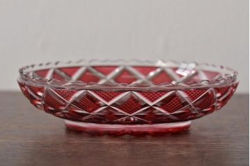 尚古集成館監修　薩摩ガラス工芸作　色被せガラス　切子段付中皿(島津薩摩切子、ガラス皿)(R-044610)