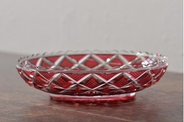 尚古集成館監修　薩摩ガラス工芸作　色被せガラス　切子段付中皿(島津薩摩切子、ガラス皿)(R-044610)