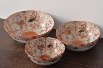 明治期　九谷焼　花蝶図　赤絵三つ重ね鉢(深鉢、深皿)(R-044613)