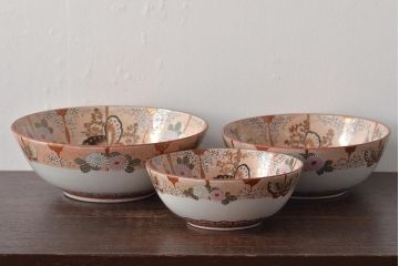 明治期　九谷焼　花蝶図　赤絵三つ重ね鉢(深鉢、深皿)(R-044613)