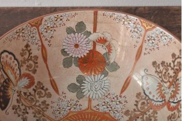 明治期　九谷焼　花蝶図　赤絵三つ重ね鉢(深鉢、深皿)(R-044613)