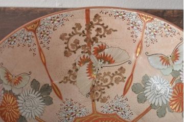 明治期　九谷焼　花蝶図　赤絵三つ重ね鉢(深鉢、深皿)(R-044613)